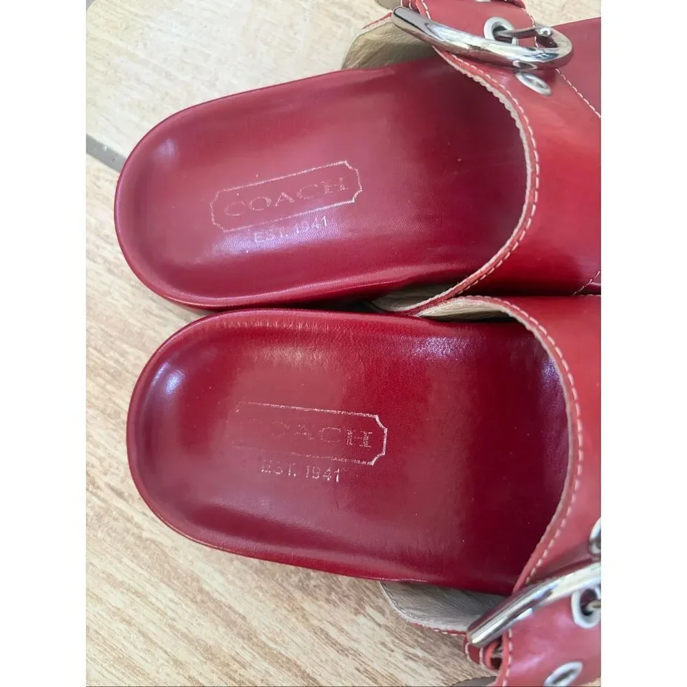 Coach Skylar Slide Sandals Red Leather Toe Ring Silver Buckle Italy Size 6